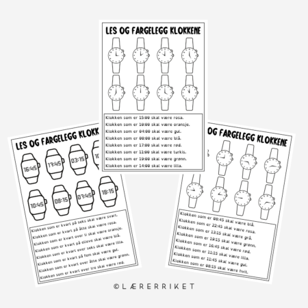 undervisningsopplegg, undervisningsmateriell, utskrift, oppgaver, skole, undervisning, klokka, tegn og farg, tegn, fargelegg, klokker, klokkeslett, tid, digital klokke, analog klokke