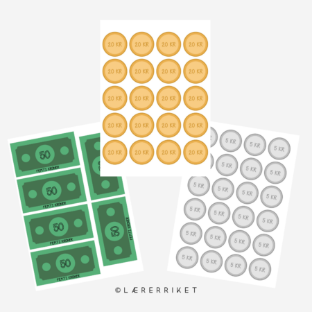 penger, lekepenger, undervisningsopplegg, undervisning, skole, mynter, sedler, matematikk, matte